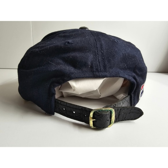 Vintage Fila Hat 90s Leather Brim Hiphop Navy Blue Spelled Out Logo Adjustable - Picture 7 of 7